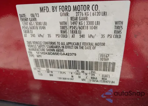 2014 Ford Explorer Xlt из США, поврежденный, VIN 1FM5K8D85EGA42379